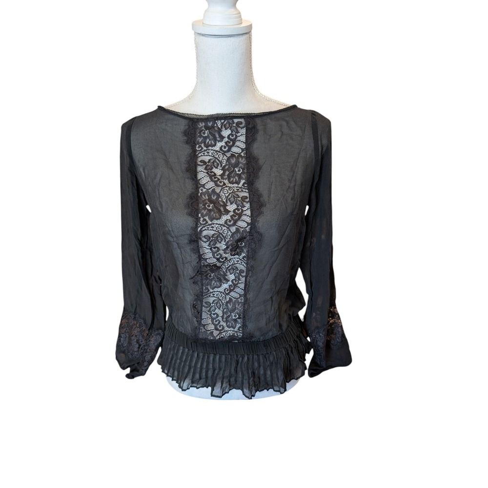 Cache Black Sheer Lace Panel Peplum Blouse Boat Neck Tie Back 3/4 Sleeve Top
